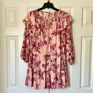 💗Free People Sunbaked Floral Long Sleeve Swing Minidress in Peach Combo, XS